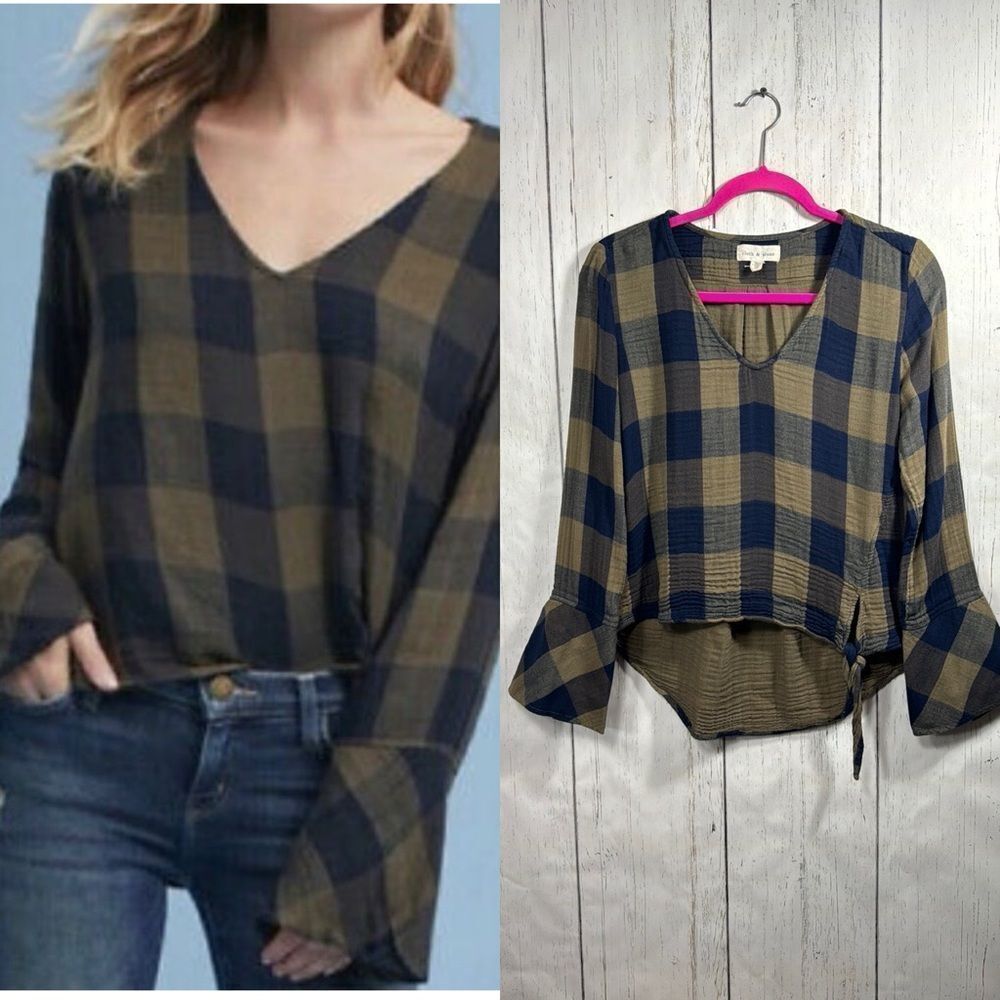 Cloth & Stone Plaid V Neck Cropped Blouse Tie Hem Top XS Boho Minimalist Neutral